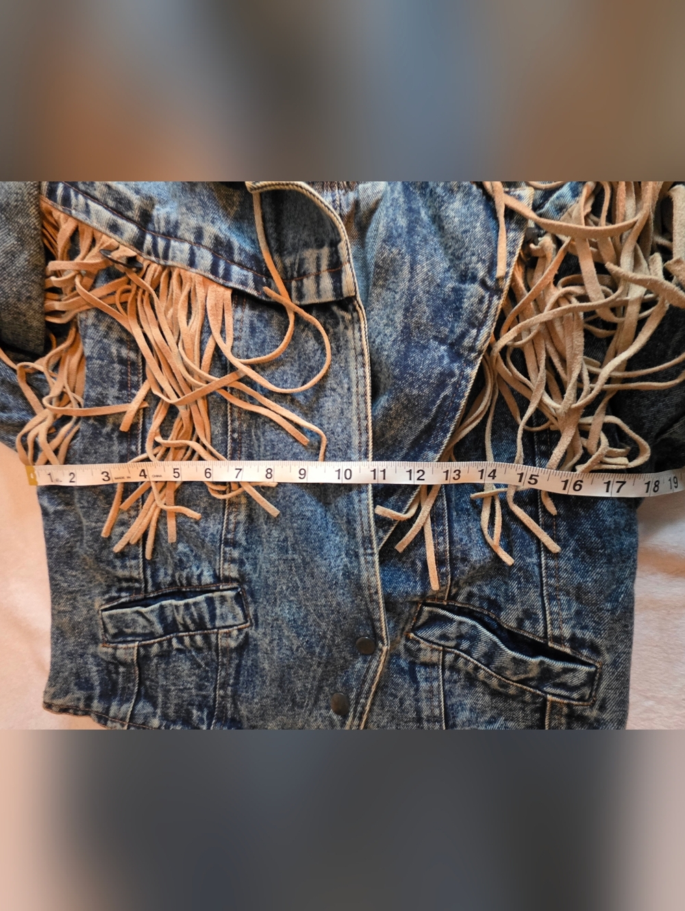 Vintage Western Denim Fringe Jacket Leather Tassels Acid Wash Cropped Medium. - Picture 4 of 8